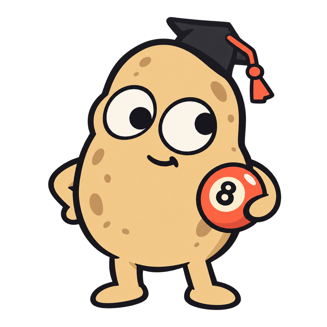 A confidently clueless potato in a graduation cap, holding an eight ball